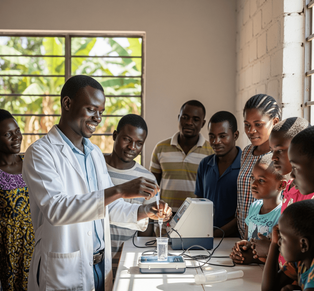 Ghanaian scientist demonstrating food safety testing equipment to community members in a laboratory setting